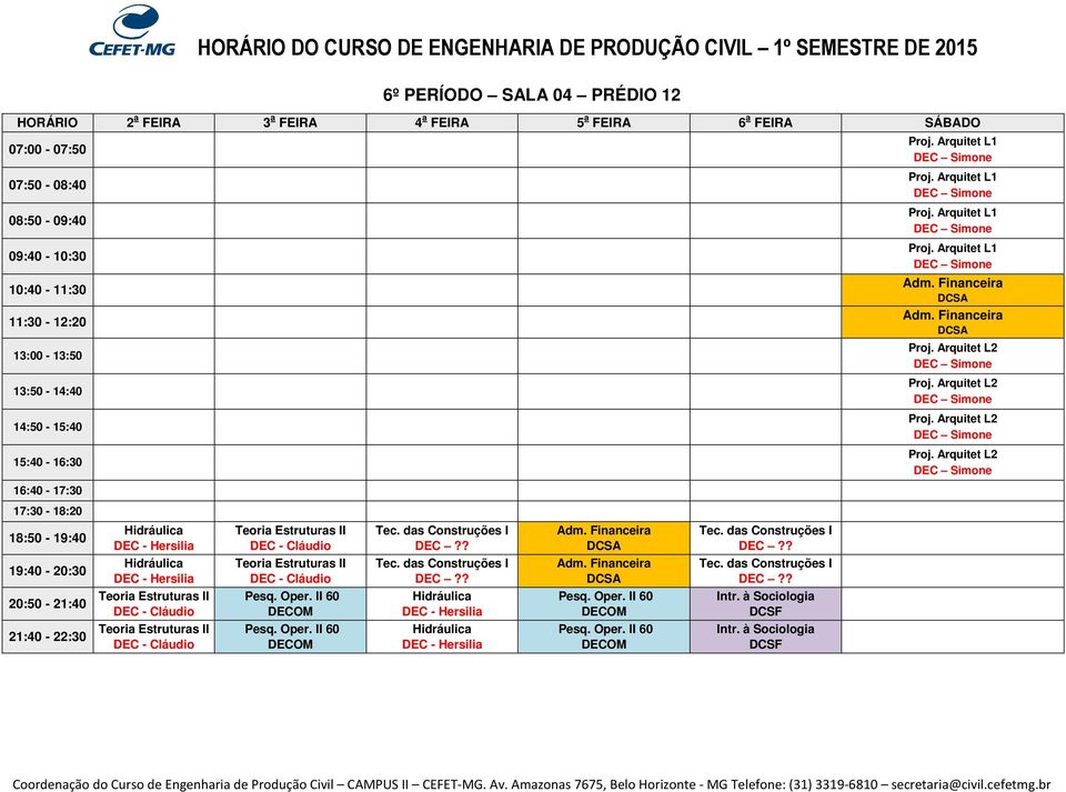 das Construções I DEC?? Hidráulica DEC - Hersilia Teoria Estruturas II DEC - Cláudio Tec. das Construções I DEC?? Adm. Financeira Tec. das Construções I DEC?? Teoria Estruturas II DEC - Cláudio Pesq.