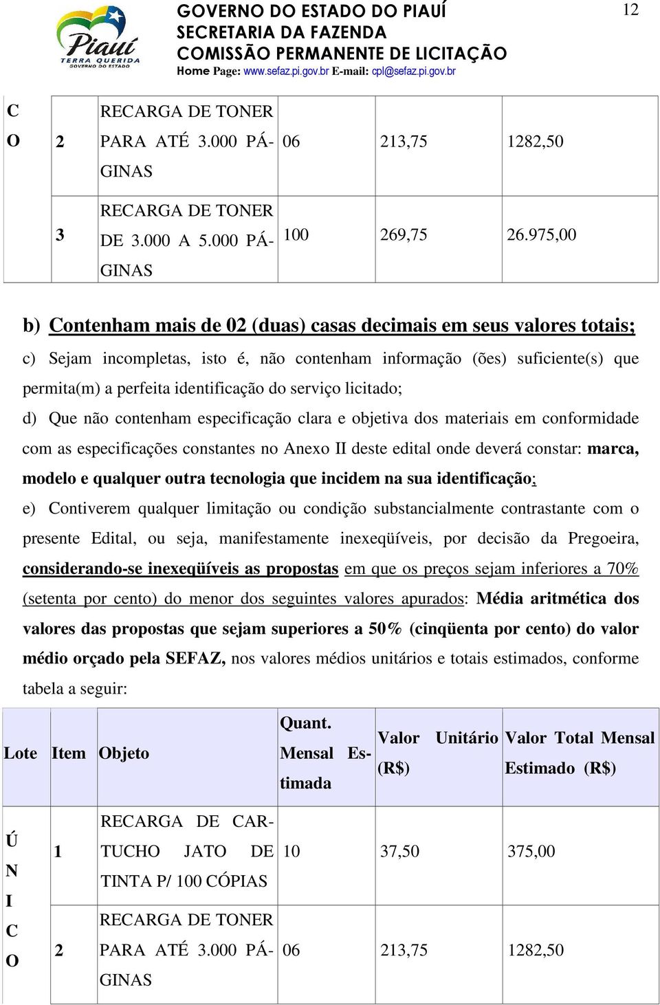 serviço licitado; d) Que não contenham especificação clara e objetiva dos materiais em conformidade com as especificações constantes no Anexo II deste edital onde deverá constar: marca, modelo e