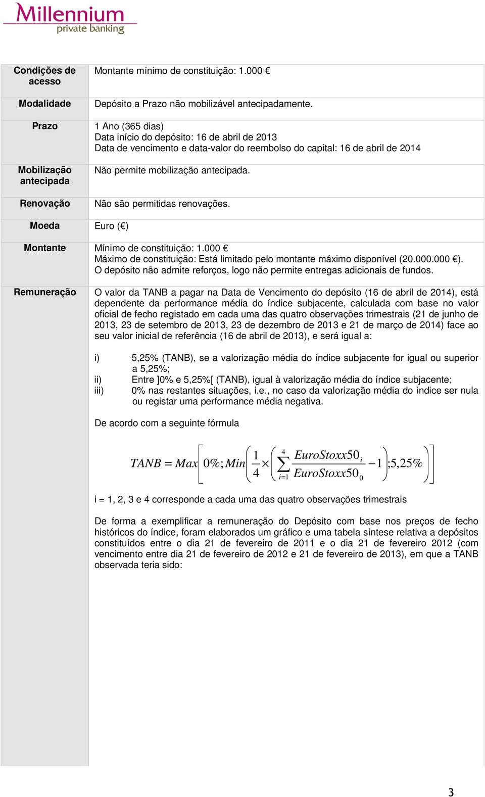 Não são permitidas renovações. Moeda Euro ( ) Montante Mínimo de constituição: 1.000 Máximo de constituição: Está limitado pelo montante máximo disponível (20.000.000 ).