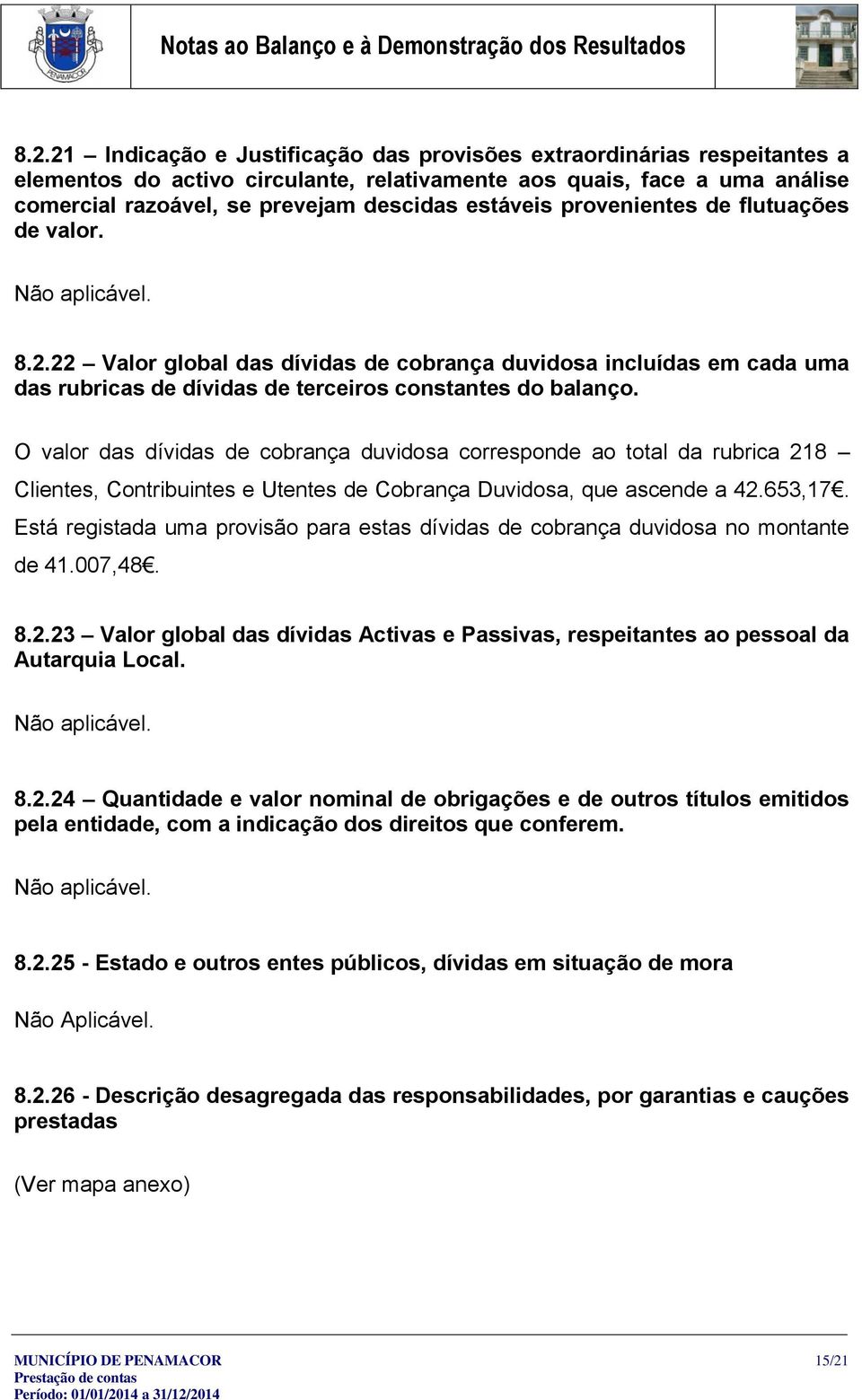 O valor das dívidas de cobrança duvidosa corresponde ao total da rubrica 218 Clientes, Contribuintes e Utentes de Cobrança Duvidosa, que ascende a 42.653,17.