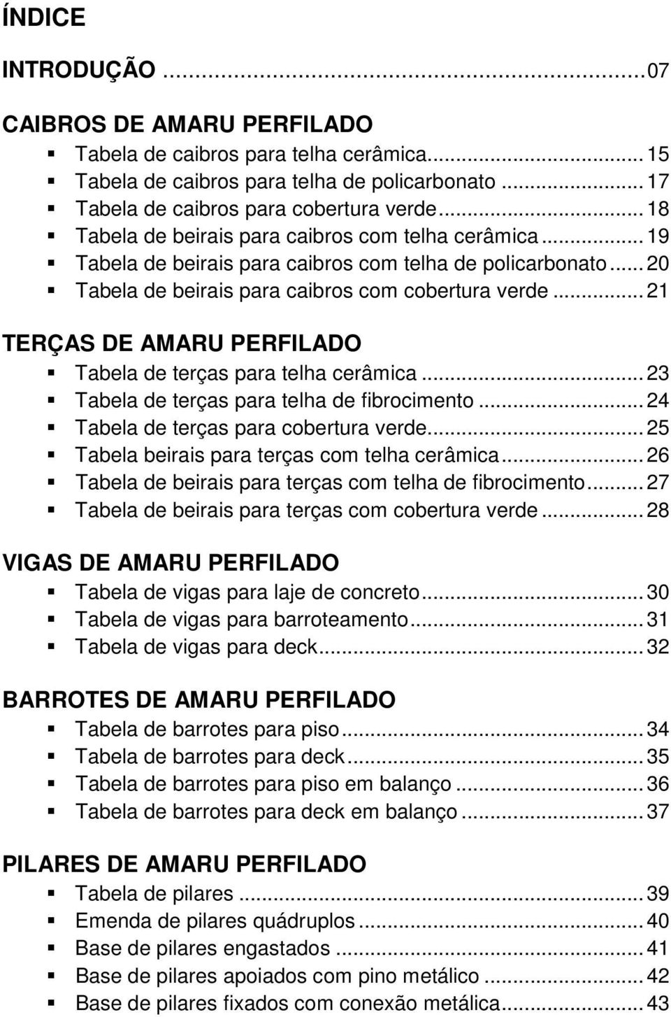 .. 21 TERÇAS DE AMARU PERFILADO Tabela de terças para telha cerâmica... 23 Tabela de terças para telha de fibrocimento... 24 Tabela de terças para cobertura verde.