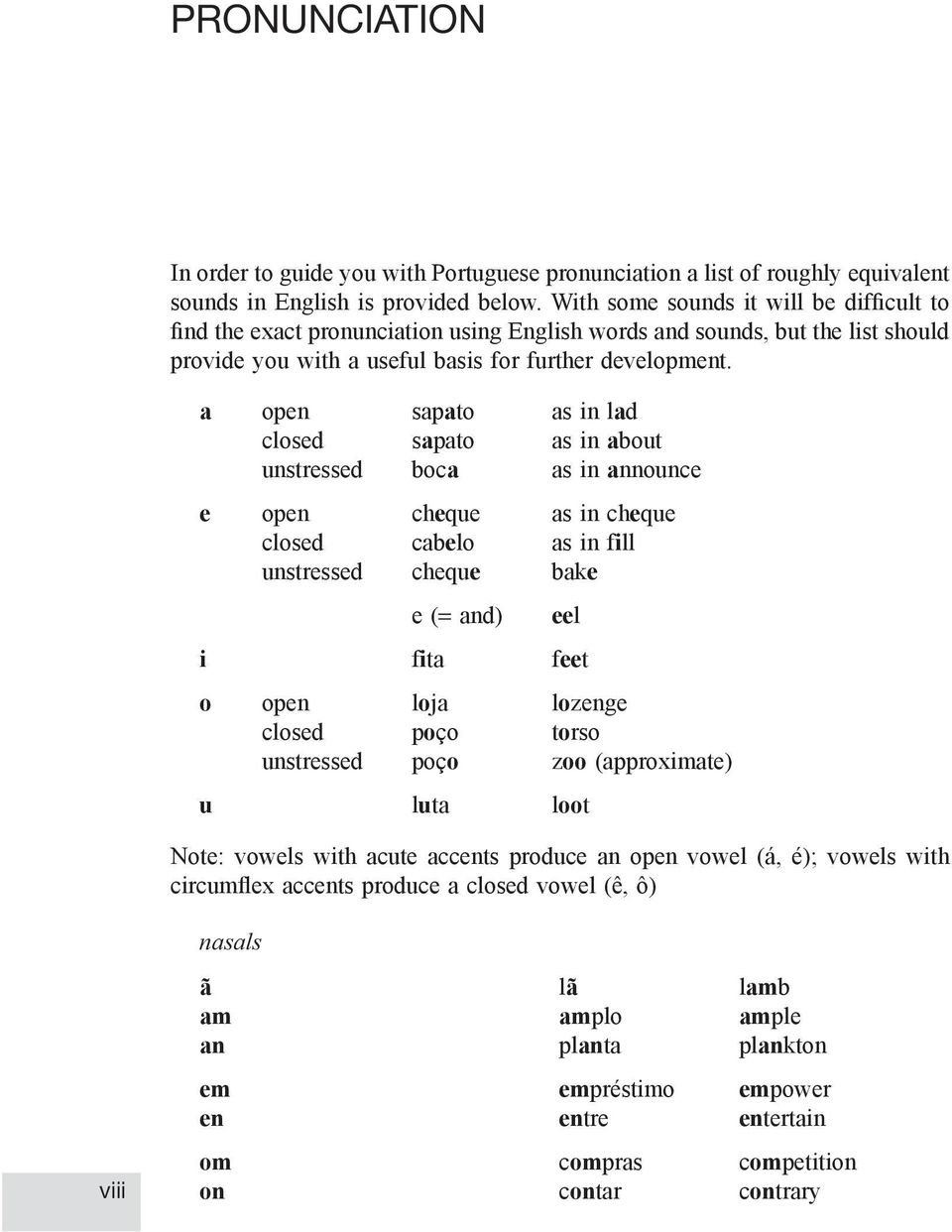 a e open closed unstressed open closed unstressed sapato sapato boca cheque cabelo cheque e (= and) as in lad as in about as in announce as in cheque as in fill bake eel i fita feet o open closed