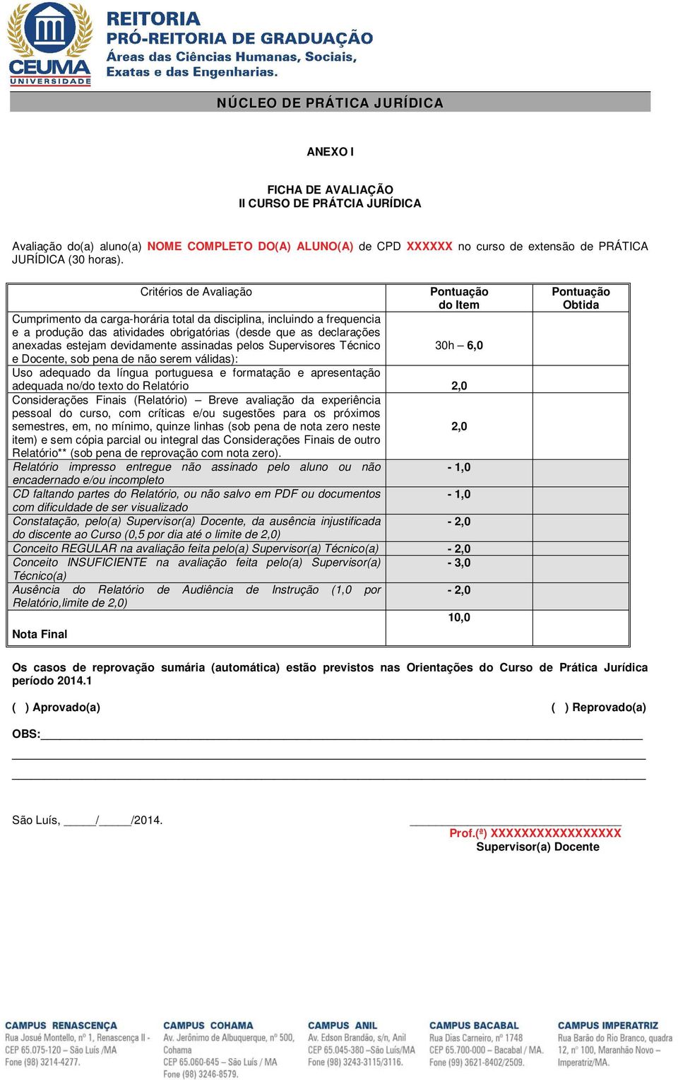 devidamente assinadas pelos Supervisores Técnico 30h 6,0 e Docente, sob pena de não serem válidas): Uso adequado da língua portuguesa e formatação e apresentação adequada no/do texto do Relatório 2,0