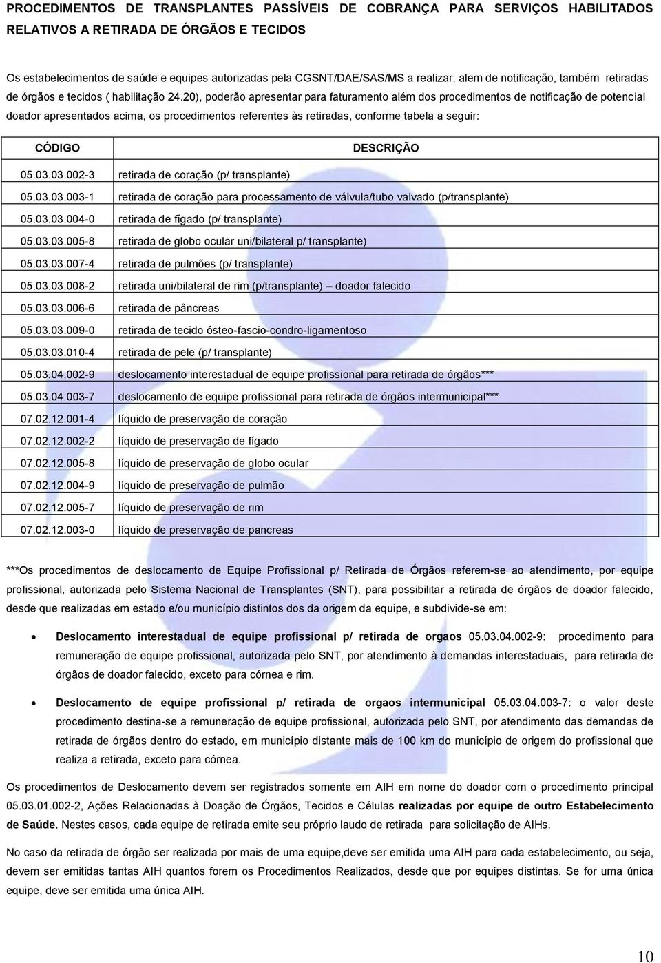 20), poderão apresentar para faturamento além dos procedimentos de notificação de potencial doador apresentados acima, os procedimentos referentes às retiradas, conforme tabela a seguir: CÓDIGO