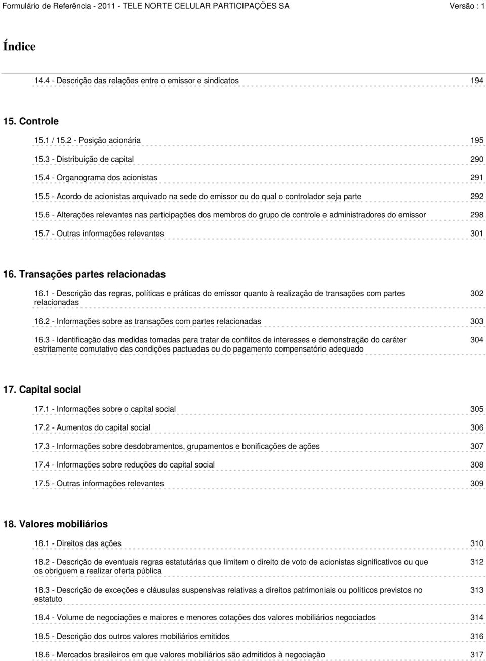 6 - Alterações relevantes nas participações dos membros do grupo de controle e administradores do emissor 298 15.7 - Outras informações relevantes 301 16. Transações partes relacionadas 16.