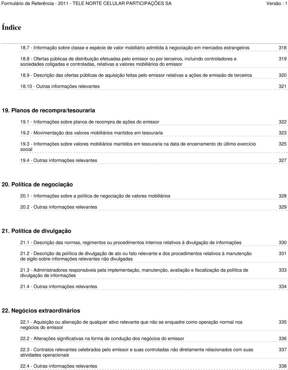 9 - Descrição das ofertas públicas de aquisição feitas pelo emissor relativas a ações de emissão de terceiros 320 18.10 - Outras informações relevantes 321 19. Planos de recompra/tesouraria 19.