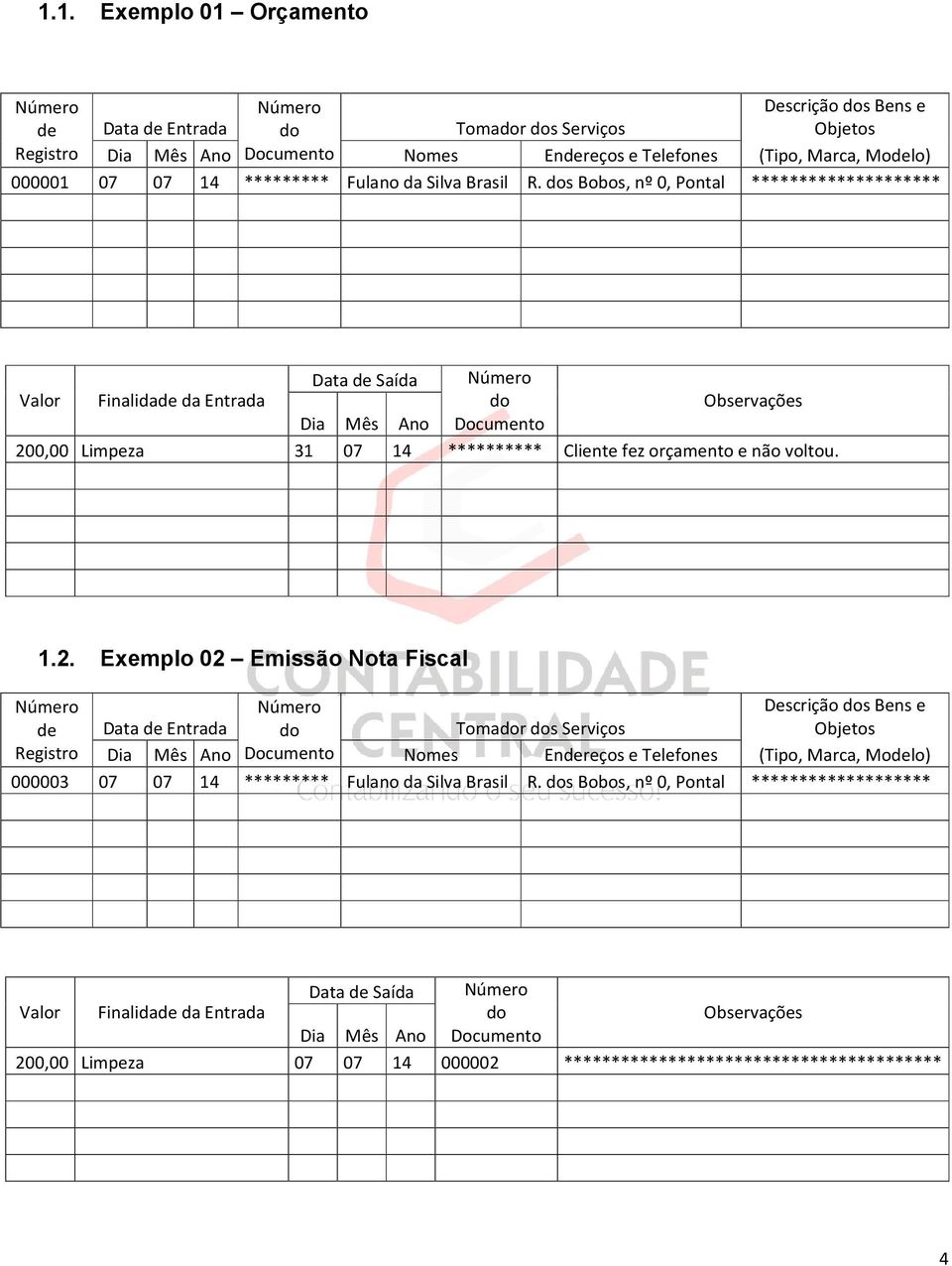 dos Bobos, nº 0, Pontal ******************** Data de Saída Número Valor Finalidade da Entrada do Observações Dia Mês Ano Documento 200,00 Limpeza 31 07 14 ********** Cliente fez orçamento e não