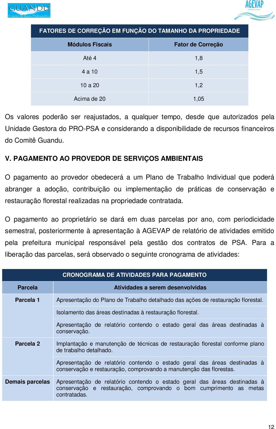 PAGAMENTO AO PROVEDOR DE SERVIÇOS AMBIENTAIS O pagamento ao provedor obedecerá a um Plano de Trabalho Individual que poderá abranger a adoção, contribuição ou implementação de práticas de conservação