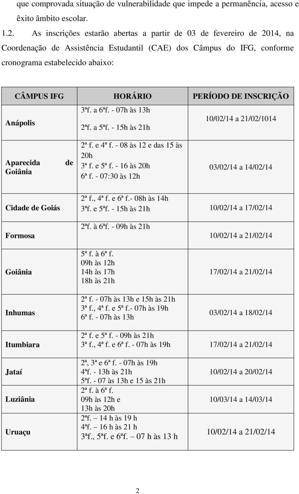 PERÍODO DE INSCRIÇÃO 3ªf. a 6ªf. - 07h às 13h Anápolis 2ªf. a 5ªf. - 15h às 21h 10/02/14 a 21/02/1014 Aparecida Goiânia de 2ª f. e 4ª f. - 08 às 12 e das 15 às 20h 3ª f. e 5ª f. - 16 às 20h 6ª f.