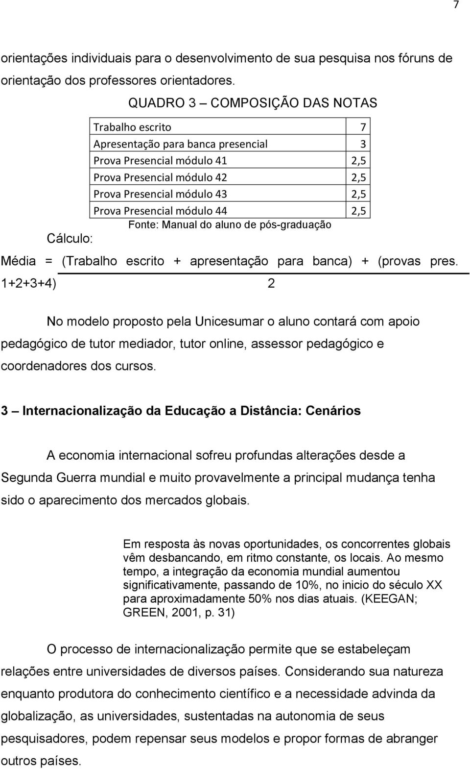 módulo 44 2,5 Fonte: Manual do aluno de pós-graduação Cálculo: Média = (Trabalho escrito + apresentação para banca) + (provas pres.