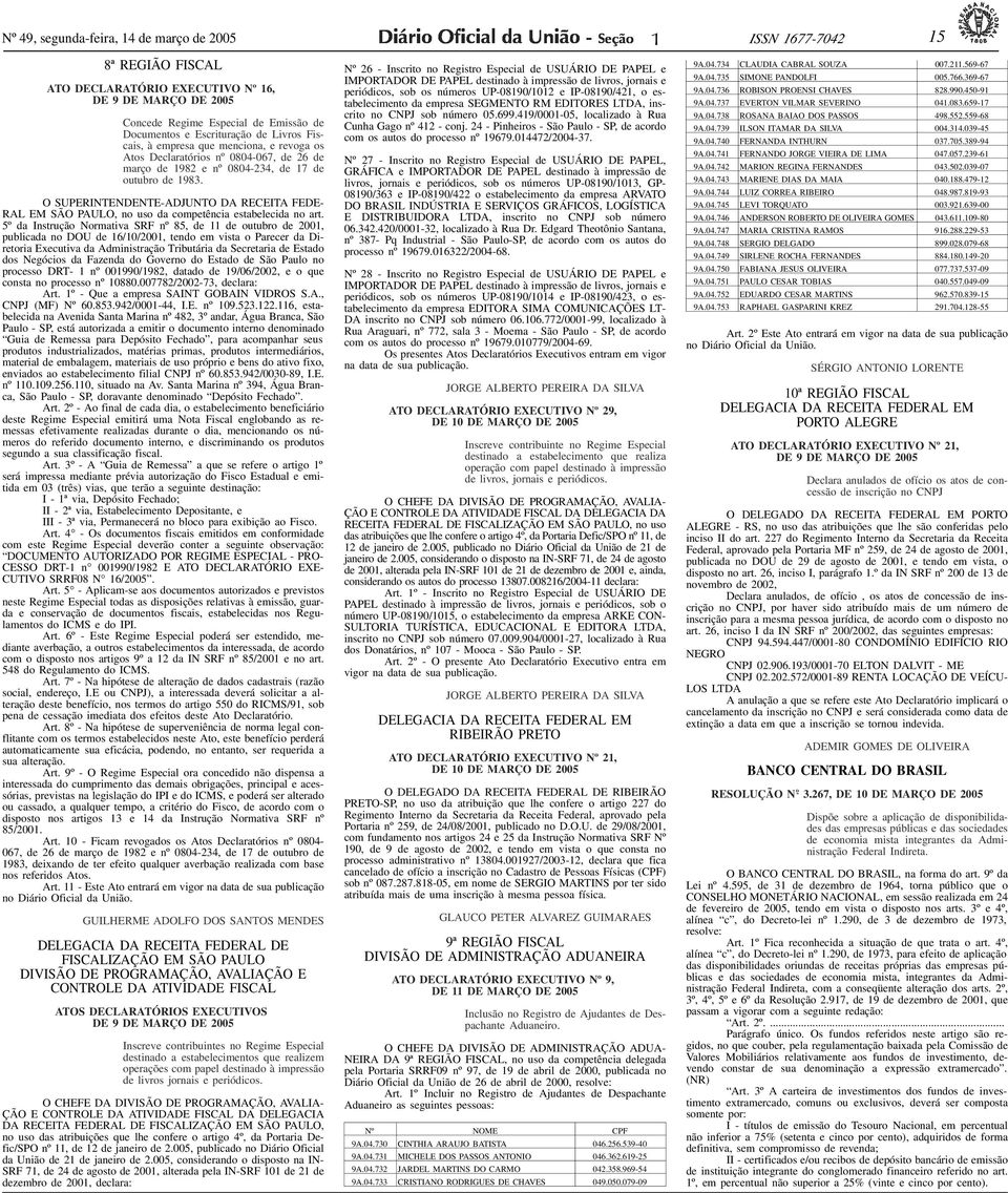 os Atos Declaratórios nº 0804-067, de 26 de março de 982 e nº 0804-234, de 7 de outubro de 983. O SUPERINTENDENTE-ADJUNTO DA RECEITA FEDE- RAL EM SÃO PAULO, no uso da competência estabelecida no art.