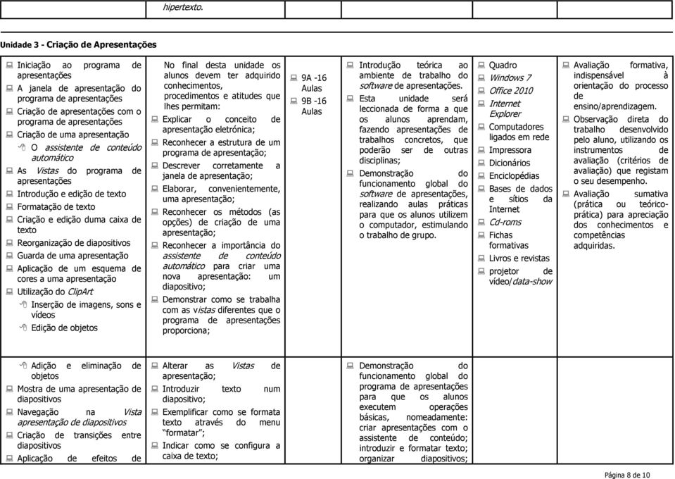 apresentação O assistente de conteú automático As Vistas programa de apresentações Introdução e edição de texto Formatação de texto Criação e edição duma caixa de texto Reorganização de diapositivos