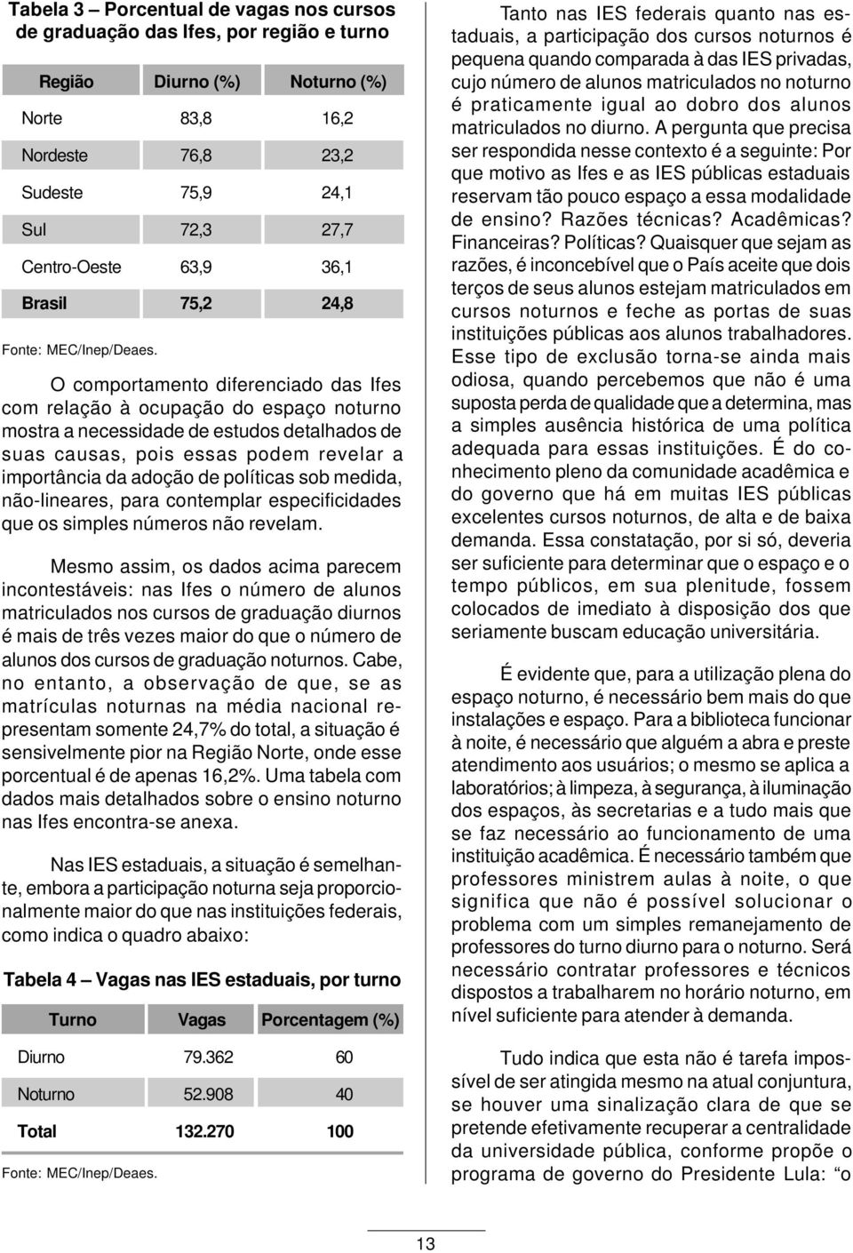 O comportamento diferenciado das Ifes com relação à ocupação do espaço noturno mostra a necessidade de estudos detalhados de suas causas, pois essas podem revelar a importância da adoção de políticas