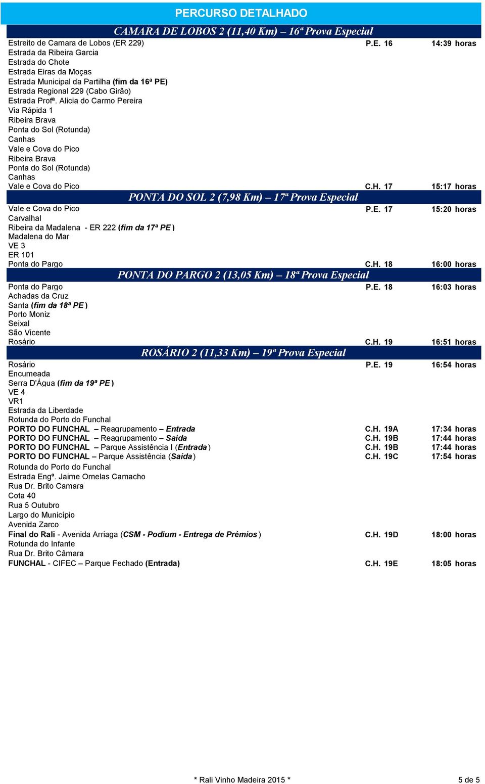 pecial Vale e Cova do Pico P.E. 17 15:20 horas Carvalhal Ribeira da Madalena - ER 222 (fim da 17ª PE ) Madalena do Mar VE 3 ER 101 Ponta do Pargo C.H.