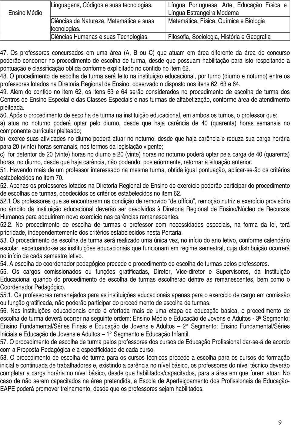 Os professores concursados em uma área (A, B ou C) que atuam em área diferente da área de concurso poderão concorrer no procedimento de escolha de turma, desde que possuam habilitação para isto