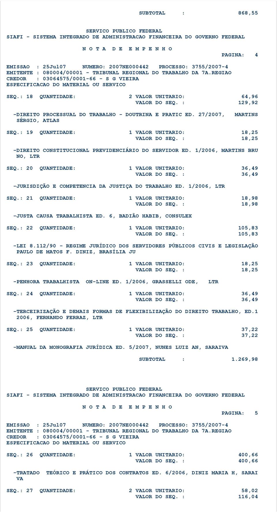 : 20 QUANTIDADE: 1 VALOR UNITARIO: 36,49 -JURISDIÇÃO E COMPETENCIA DA JUSTIÇA DO TRABALHO ED. 1/2006, SEQ.: 21 QUANTIDADE: 1 VALOR UNITARIO: 18,98 VALOR DO SEQ. : 18,98 -JUSTA CAUSA TRABALHISTA ED.