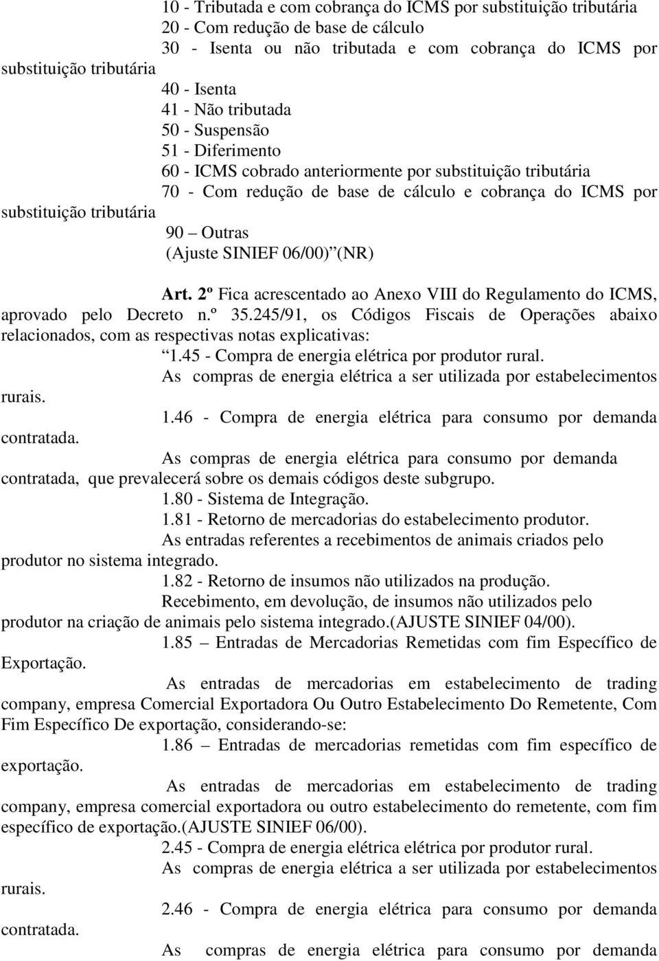 (Ajuste SINIEF 06/00) (NR) Art. 2º Fica acrescentado ao Anexo VIII do Regulamento do ICMS, aprovado pelo Decreto n.º 35.