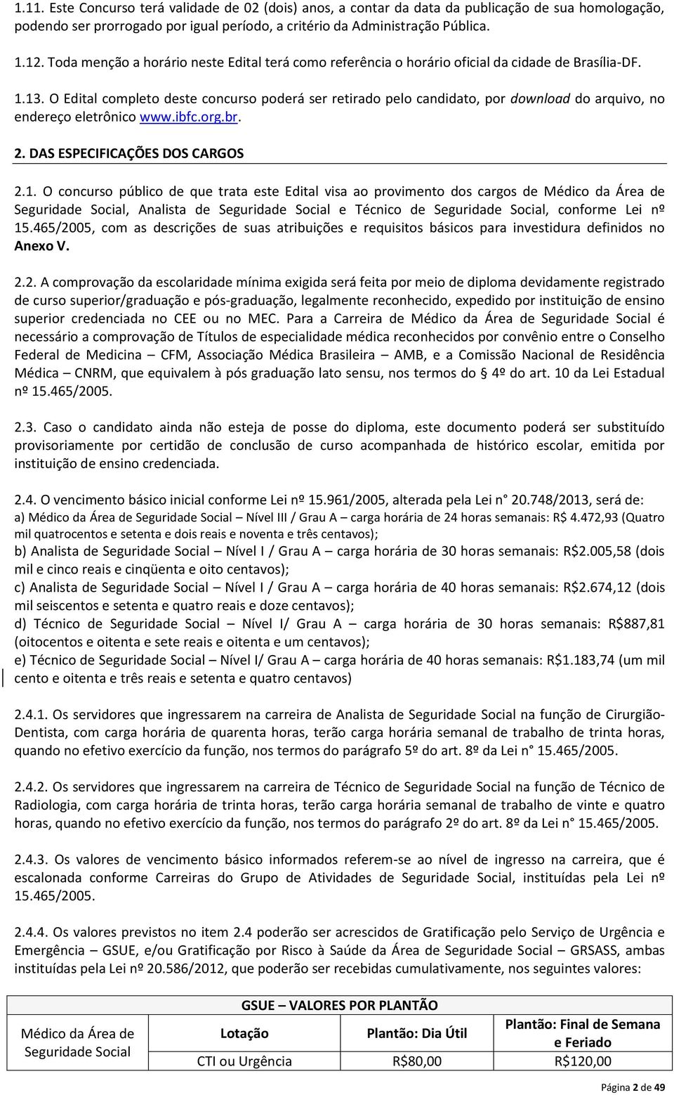 O Edital completo deste concurso poderá ser retirado pelo candidato, por download do arquivo, no endereço eletrônico www.ibfc.org.br. 2. DAS ESPECIFICAÇÕES DOS CARGOS 2.1.