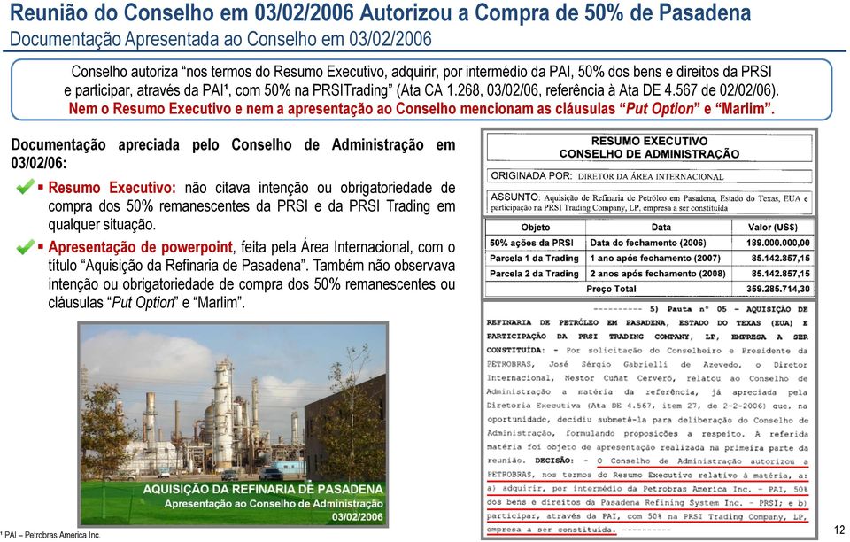 Nem o Resumo Executivo e nem a apresentação ao Conselho mencionam as cláusulas Put Option e Marlim.