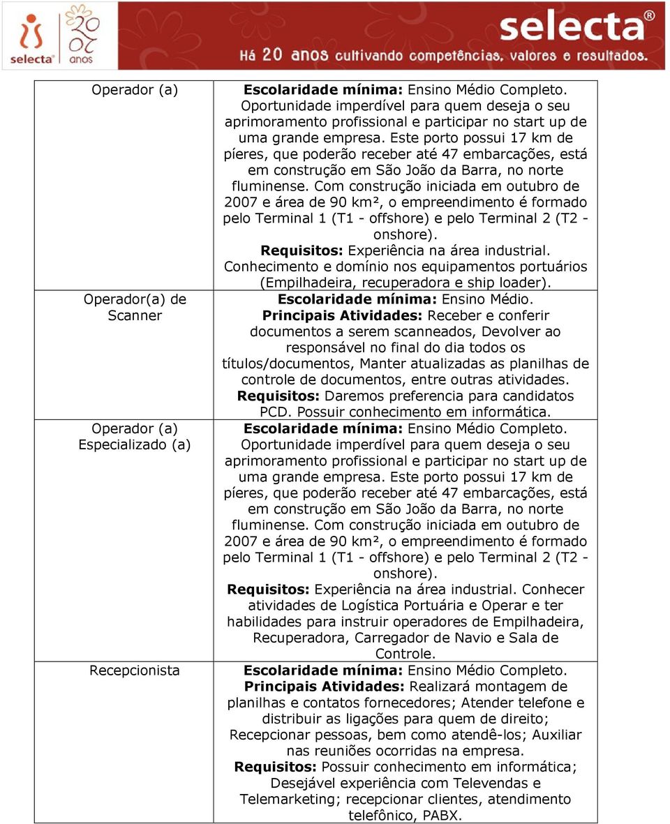 Com construção iniciada em outubro de 2007 e área de 90 km², o empreendimento é formado pelo Terminal 1 (T1 - offshore) e pelo Terminal 2 (T2 - onshore). Requisitos: Experiência na área industrial.