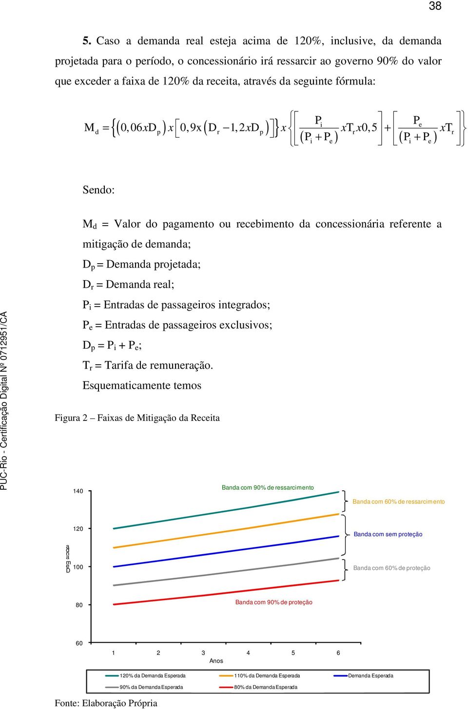 mitigação de demanda; D p = Demanda projetada; D r = Demanda real; P i = Entradas de passageiros integrados; P e = Entradas de passageiros exclusivos; D p = P i + P e ; T r = Tarifa de remuneração.