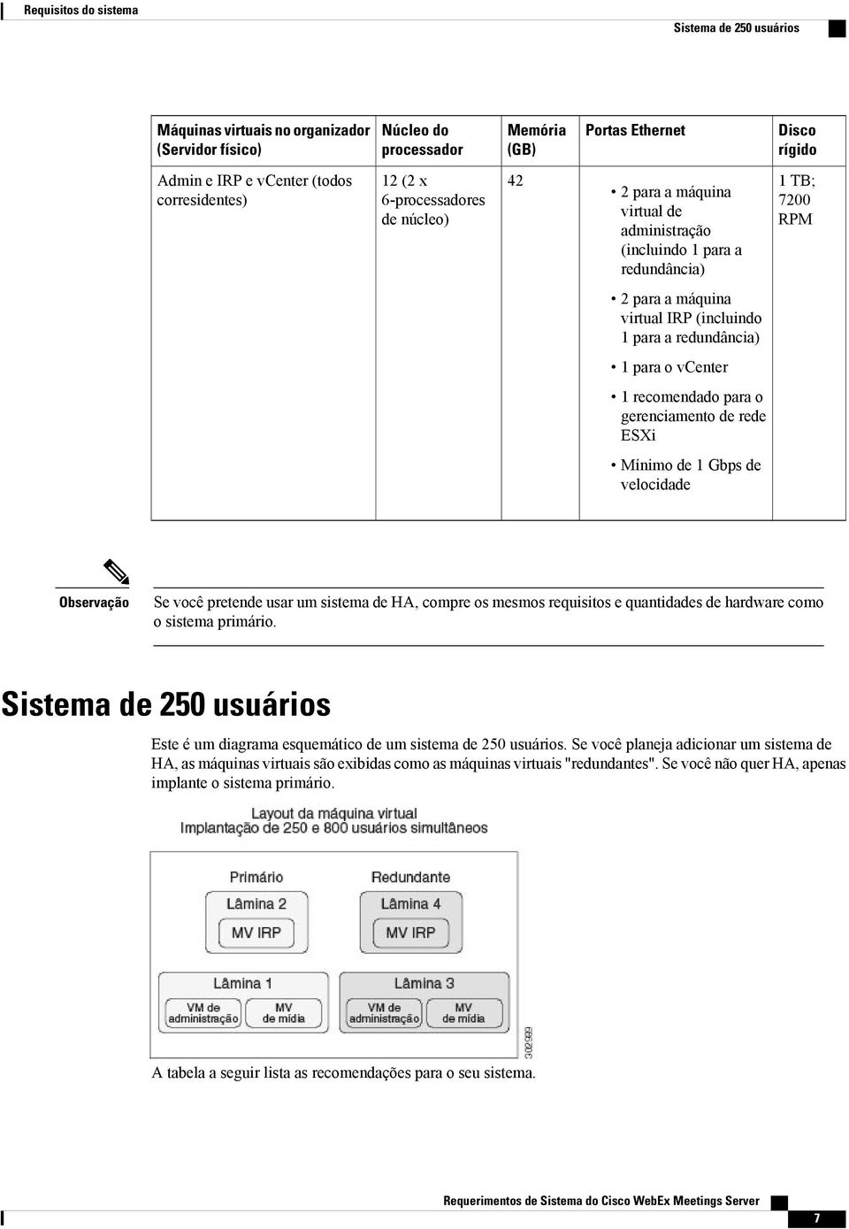 para o vcenter ESXi Mínimo de 1 Gbps de velocidade Observação Se você pretende usar um sistema de HA, compre os mesmos requisitos e quantidades de hardware como o sistema primário.