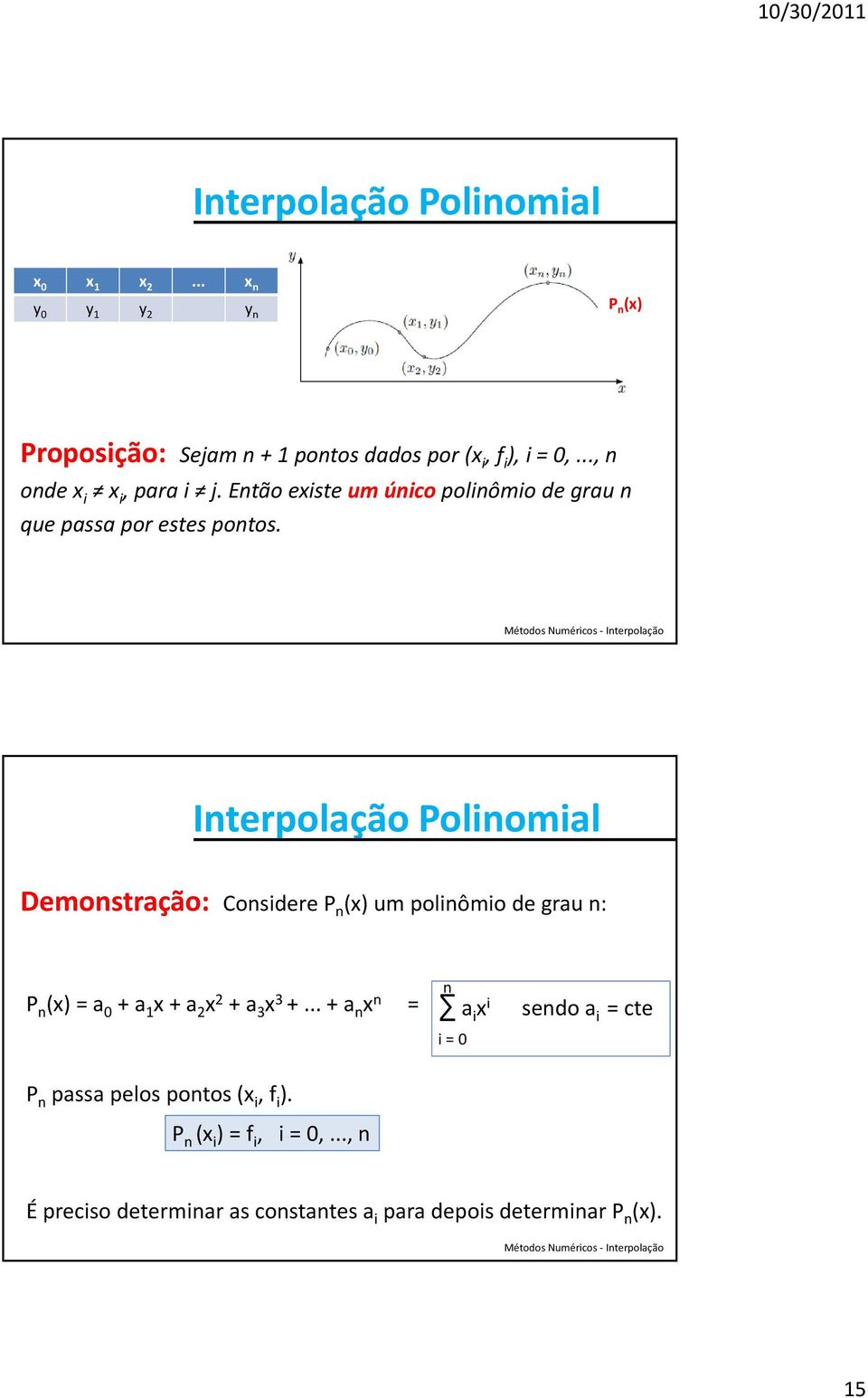 Iterpolação Poliomial Demostração: Cosidere P (x) um poliômio de grau : P (x) = a 0 + a 1 x + a 2 x 2 + a 3 x 3 +.