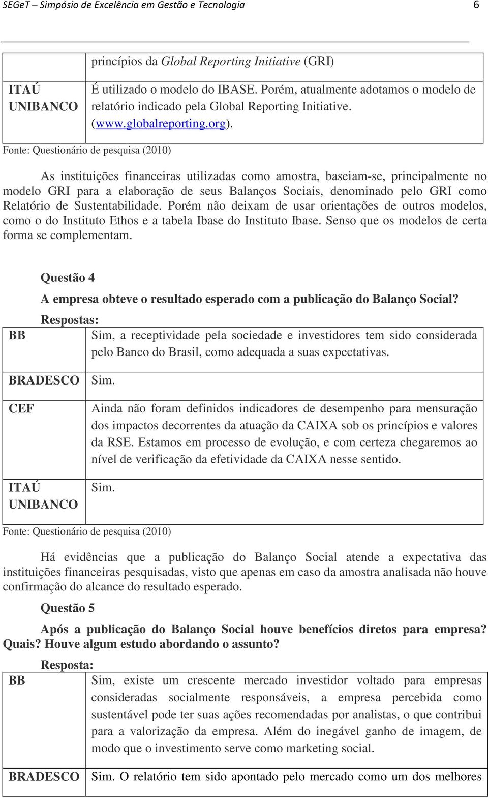 As instituições financeiras utilizadas como amostra, baseiam-se, principalmente no modelo GRI para a elaboração de seus Balanços Sociais, denominado pelo GRI como Relatório de Sustentabilidade.