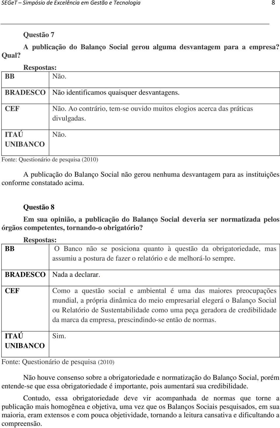 Questão 8 Em sua opinião, a publicação do Balanço Social deveria ser normatizada pelos órgãos competentes, tornando-o obrigatório?