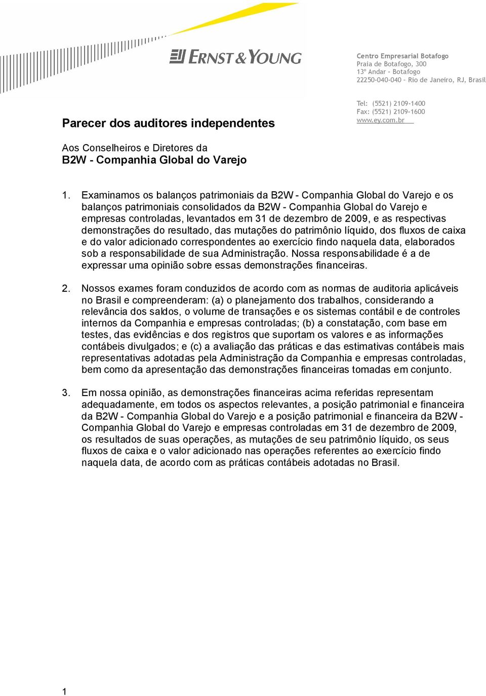 Examinamos os balanços patrimoniais da B2W - Companhia Global do Varejo e os balanços patrimoniais consolidados da B2W - Companhia Global do Varejo e empresas controladas, levantados em 31 de