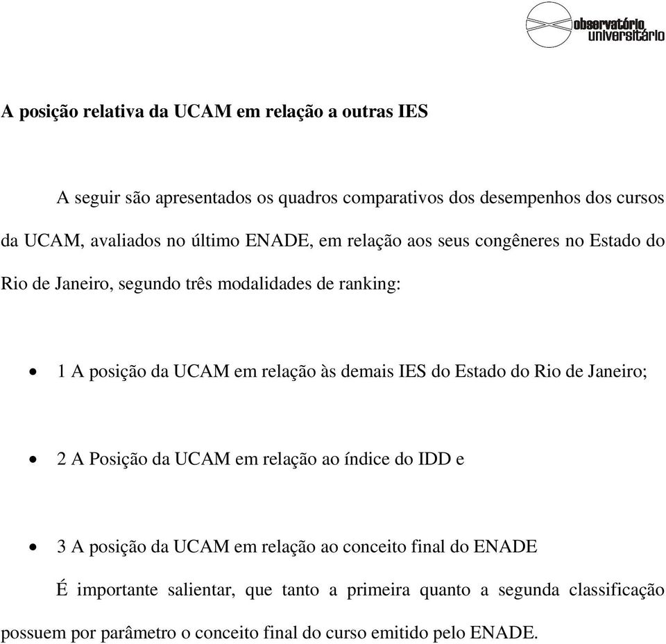às demais IES do Estado do Rio de Janeiro; 2 A Posição da UCAM em relação ao índice do IDD e 3 A posição da UCAM em relação ao conceito final do
