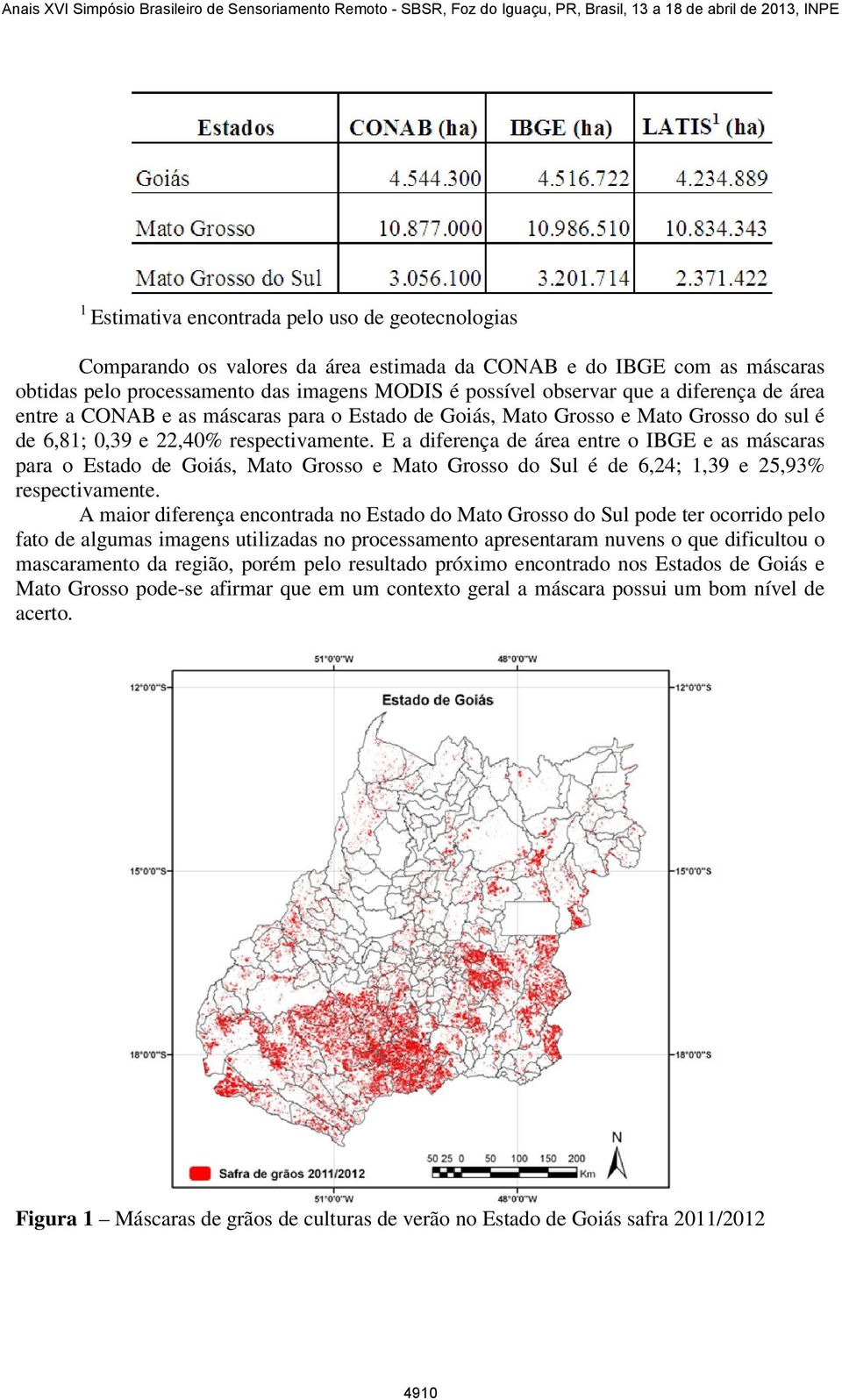 E a diferença de área entre o IBGE e as máscaras para o Estado de Goiás, Mato Grosso e Mato Grosso do Sul é de 6,24; 1,39 e 25,93% respectivamente.