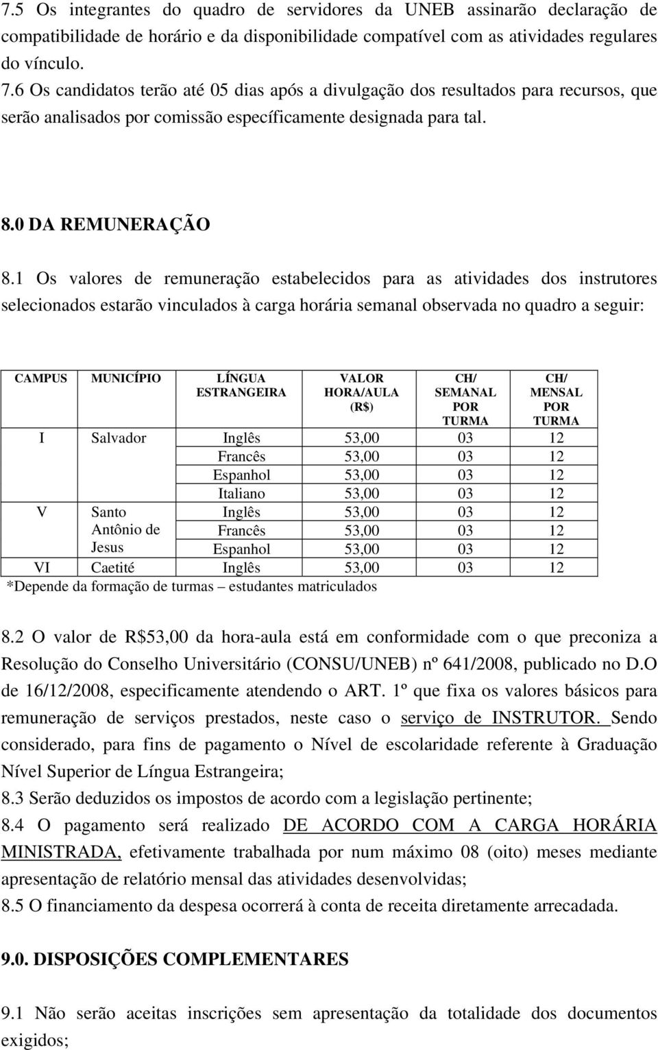 1 Os valores de remuneração estabelecidos para as atividades dos instrutores selecionados estarão vinculados à carga horária semanal observada no quadro a seguir: CAMPUS MUNICÍPIO LÍNGUA ESTRANGEIRA