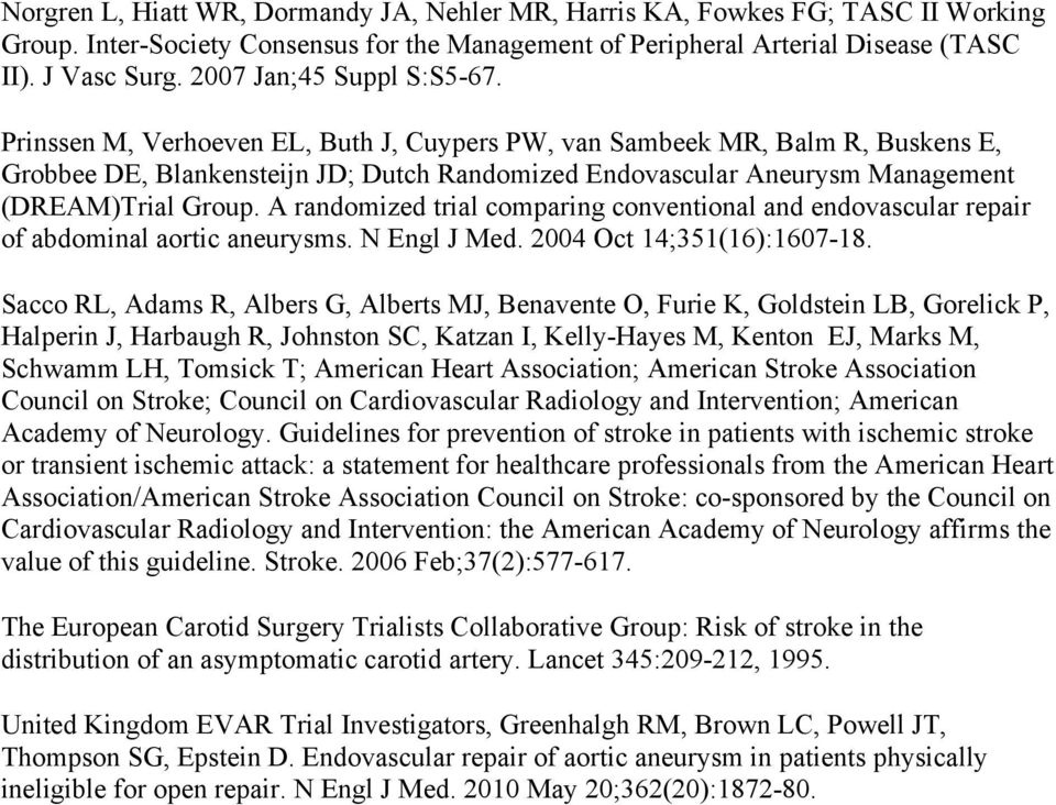 Prinssen M, Verhoeven EL, Buth J, Cuypers PW, van Sambeek MR, Balm R, Buskens E, Grobbee DE, Blankensteijn JD; Dutch Randomized Endovascular Aneurysm Management (DREAM)Trial Group.