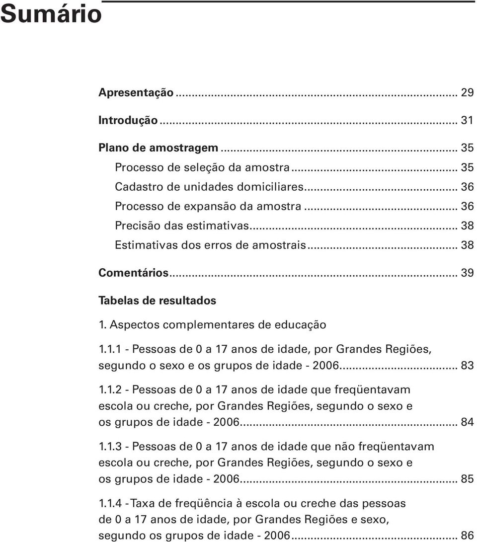 Aspectos complementares de educação 1.1.1 - Pessoas de 0 a 17 anos de idade, por Grandes Regiões, segundo o sexo e os grupos de idade - 2006... 83 1.1.2 - Pessoas de 0 a 17 anos de idade que freqüentavam escola ou creche, por Grandes Regiões, segundo o sexo e os grupos de idade - 2006.