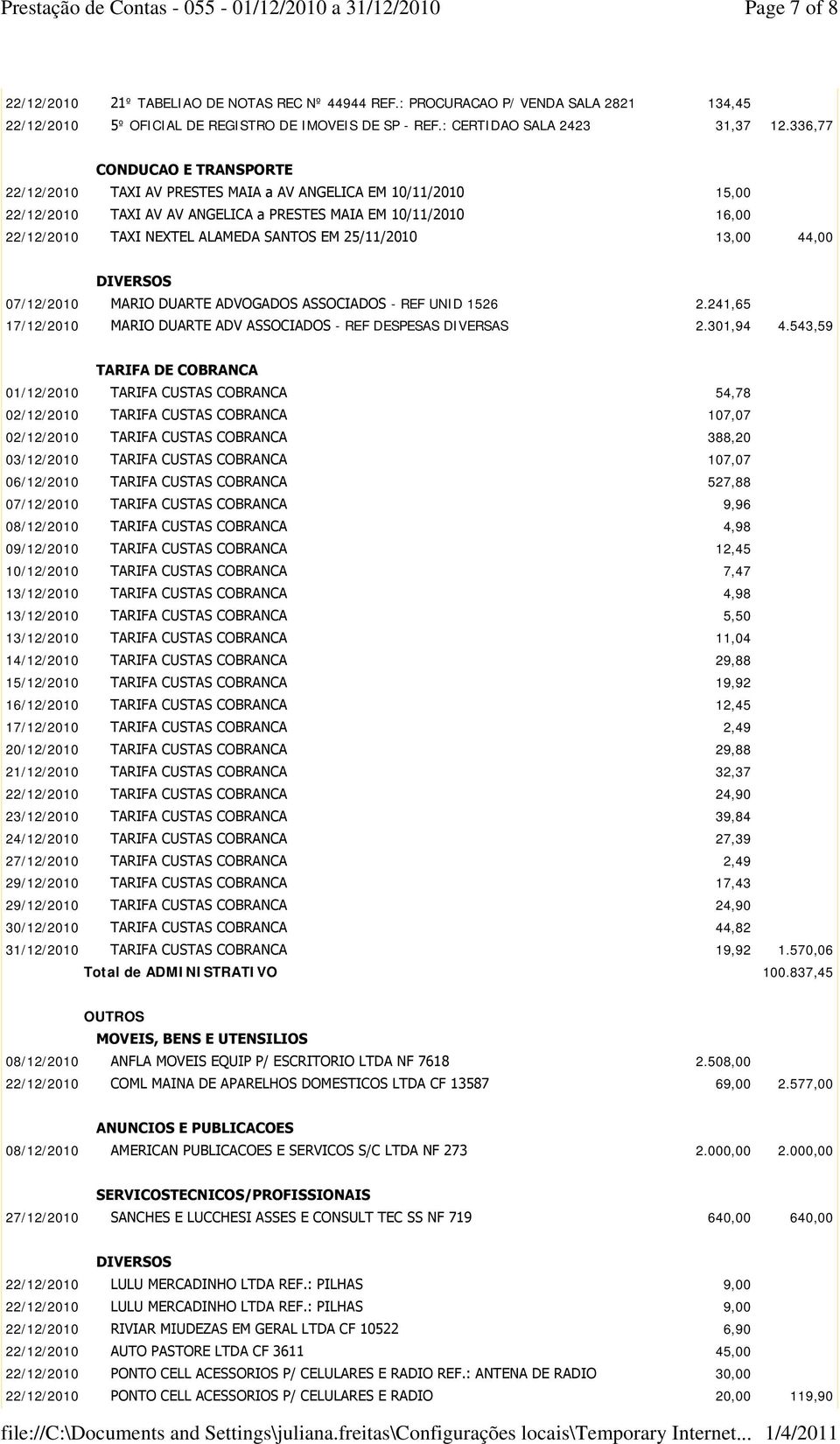 EM 25/11/2010 13,00 44,00 DIVERSOS 07/12/2010 MARIO DUARTE ADVOGADOS ASSOCIADOS - REF UNID 1526 2.241,65 17/12/2010 MARIO DUARTE ADV ASSOCIADOS - REF DESPESAS DIVERSAS 2.301,94 4.