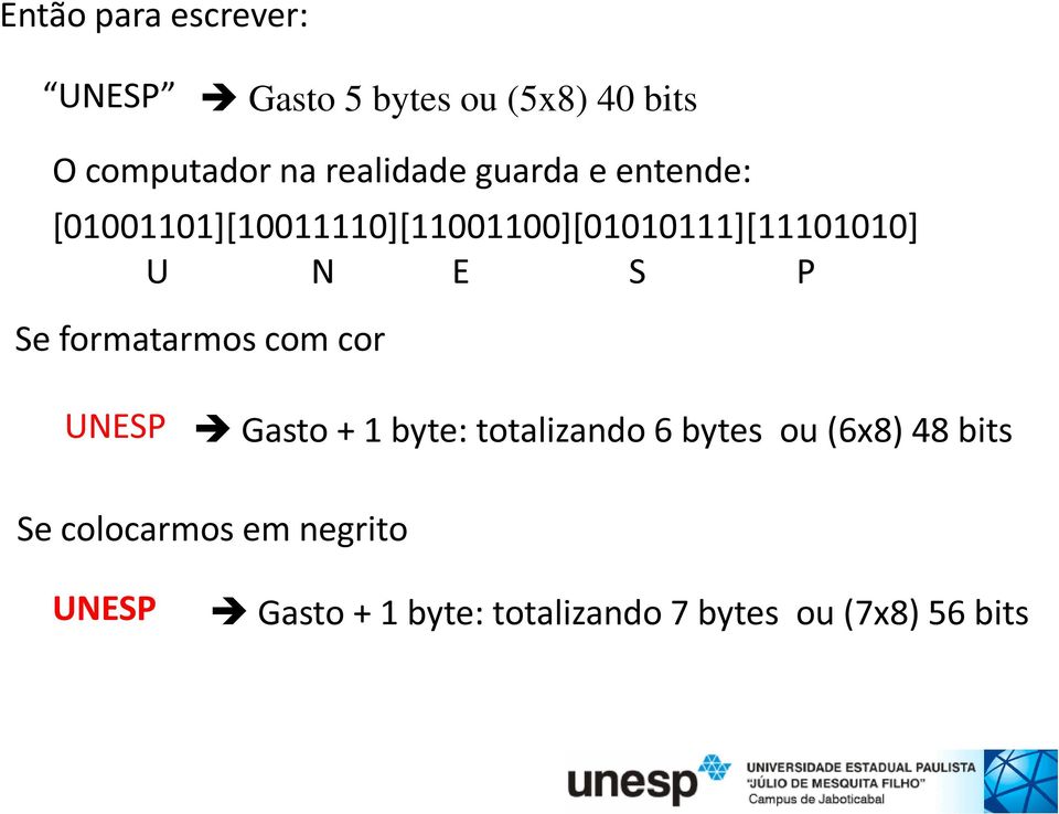 N E S P Se formatarmos com cor UNESP Gasto + 1 byte: totalizando 6 bytes ou (6x8)