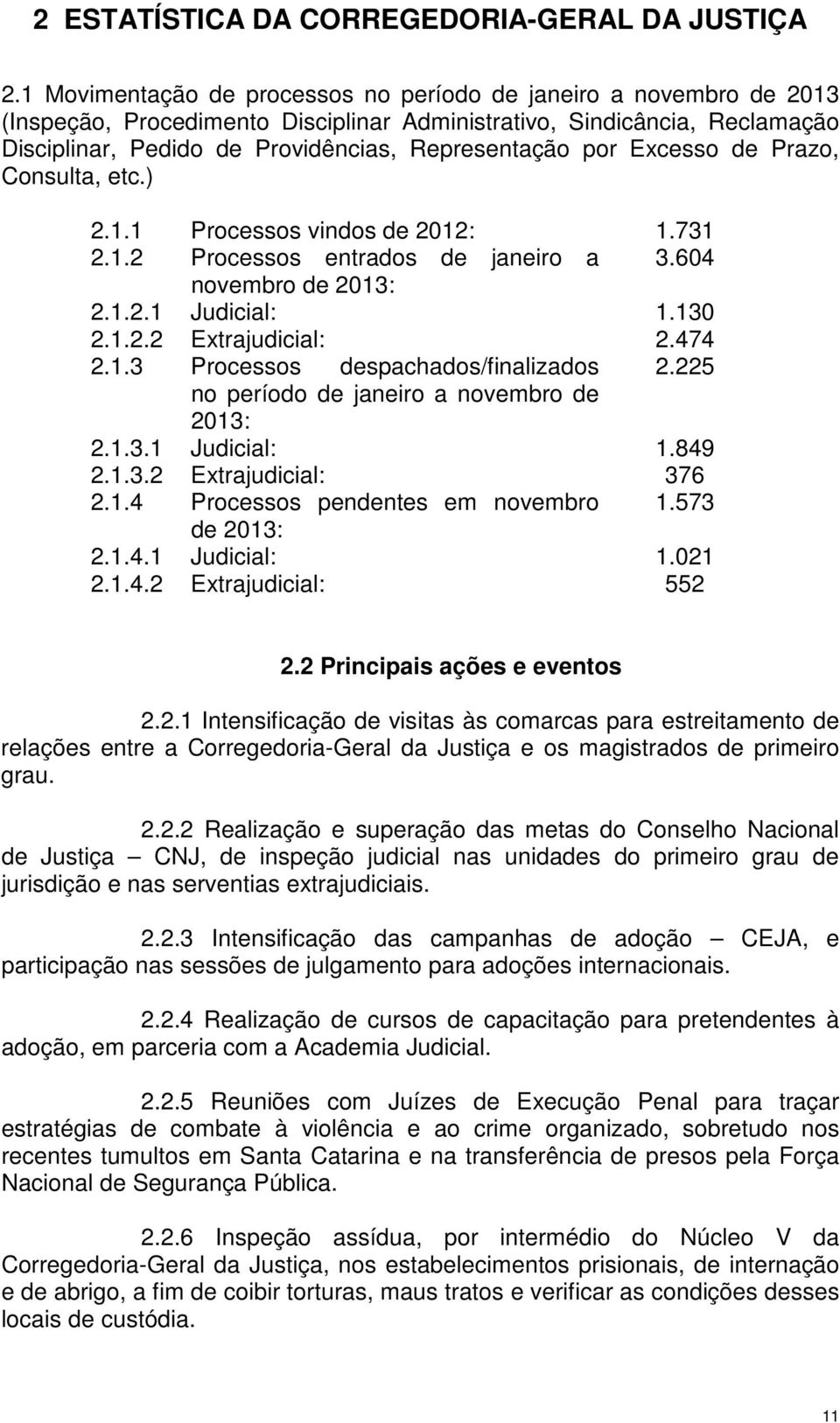 Excesso de Prazo, Consulta, etc.) 2.1.1 Processos vindos de 2012: 1.731 2.1.2 Processos entrados de janeiro a 3.604 novembro de 2013: 2.1.2.1 Judicial: 1.130 2.1.2.2 Extrajudicial: 2.474 2.1.3 Processos despachados/finalizados 2.