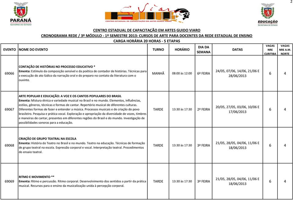 MANHÃ 08:00 às 12:00 6ª FEIRA 69067 ARTE POPULAR E EDUCAÇÃO: A VOZ E OS CANTOS POPULARES DO BRASIL Ementa: Mistura étnica e variedade musical no Brasil e no mundo.