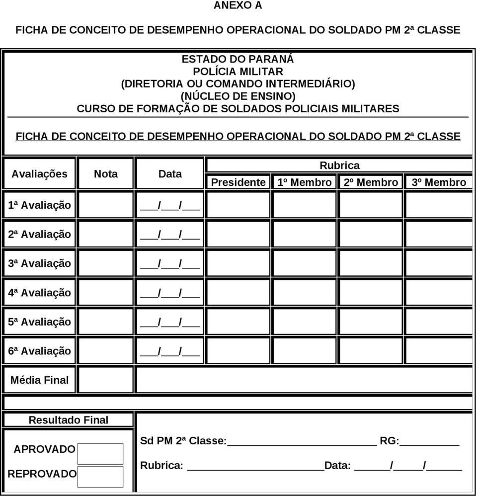 SOLDADO PM 2ª CLASSE Avaliações Nota Data Rubrica Presidente 1º Membro 2º Membro 3º Membro 1ª Avaliação / / 2ª Avaliação / / 3ª