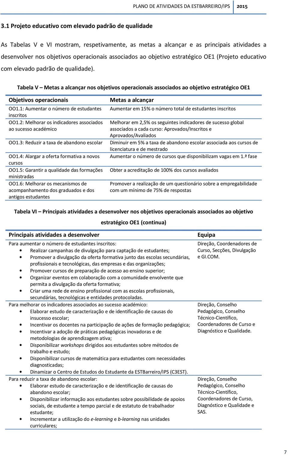 Tabela V Metas a alcançar nos objetivos operacionais associados ao objetivo estratégico OE1 Objetivos operacionais Metas a alcançar OO1.