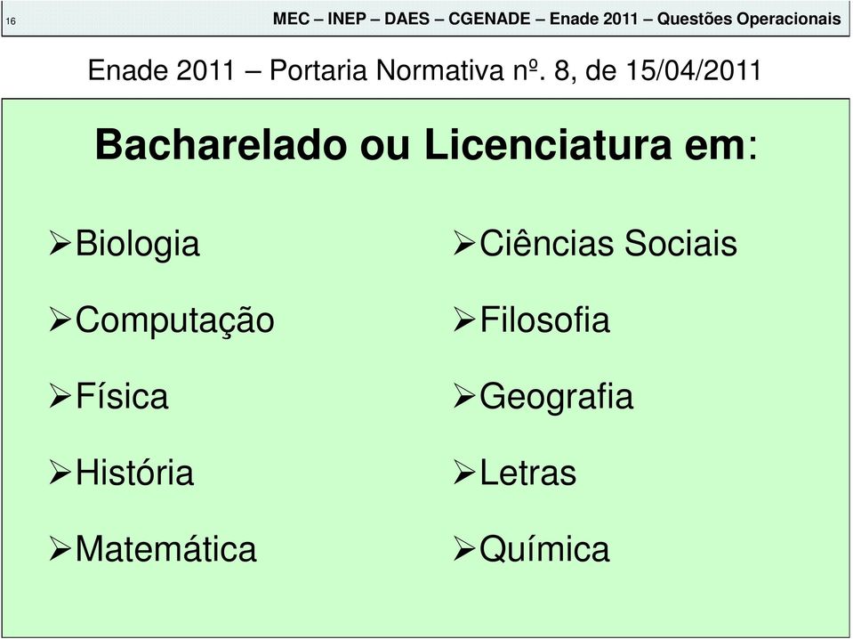 8, de 15/04/2011 Bacharelado ou Licenciatura em: Biologia