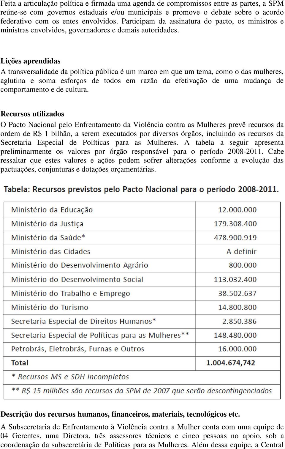 Lições aprendidas A transversalidade da política pública é um marco em que um tema, como o das mulheres, aglutina e soma esforços de todos em razão da efetivação de uma mudança de comportamento e de