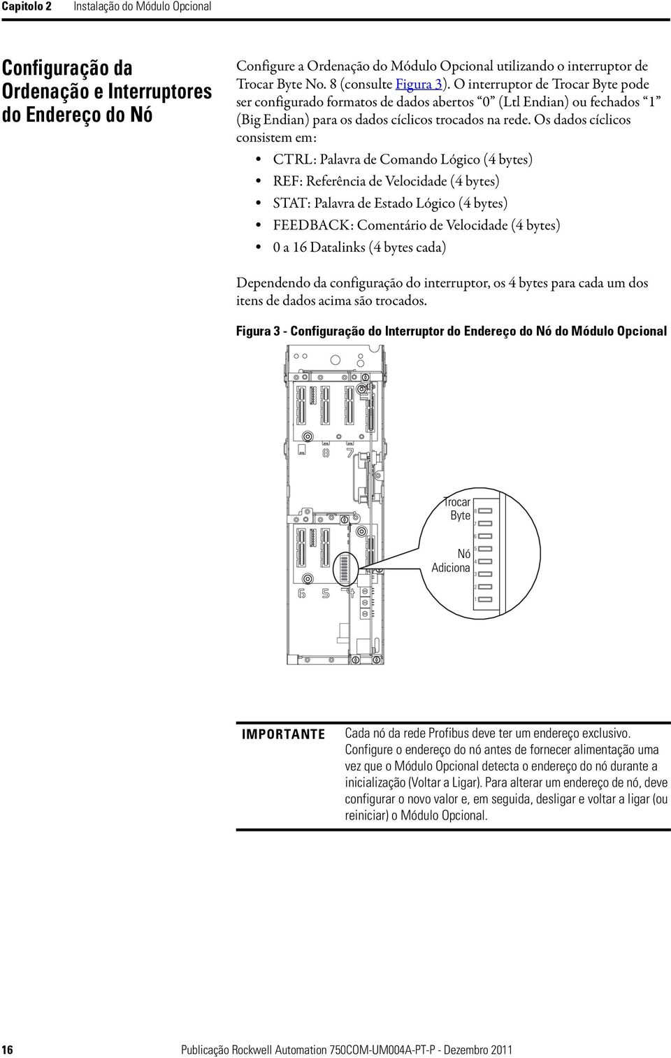 Os dados cíclicos consistem em: CTRL: Palavra de Comando Lógico (4 bytes) REF: Referência de Velocidade (4 bytes) STAT: Palavra de Estado Lógico (4 bytes) FEEDBACK: Comentário de Velocidade (4 bytes)