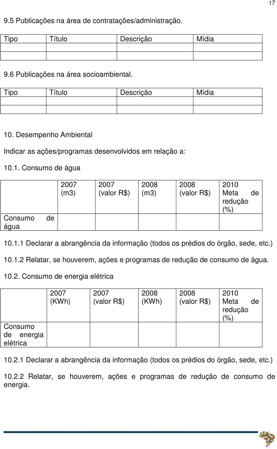 ) 10.1.2 Relatar, se houverem, ações e programas de redução de consumo de água. 10.2. Consumo de energia elétrica Consumo de energia elétrica 2007 (KWh) 2007 (valor R$) 2008 (KWh) 2008 (valor R$) 2010 Meta redução (%) de 10.