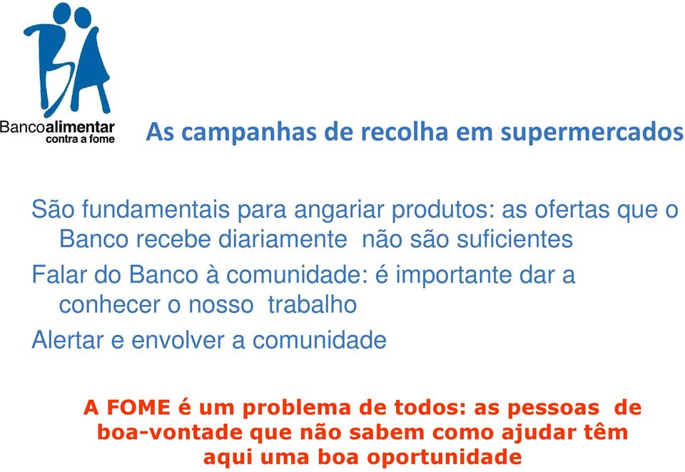 importante dar a conhecer o nosso trabalho Alertar e envolver a comunidade A FOME é um