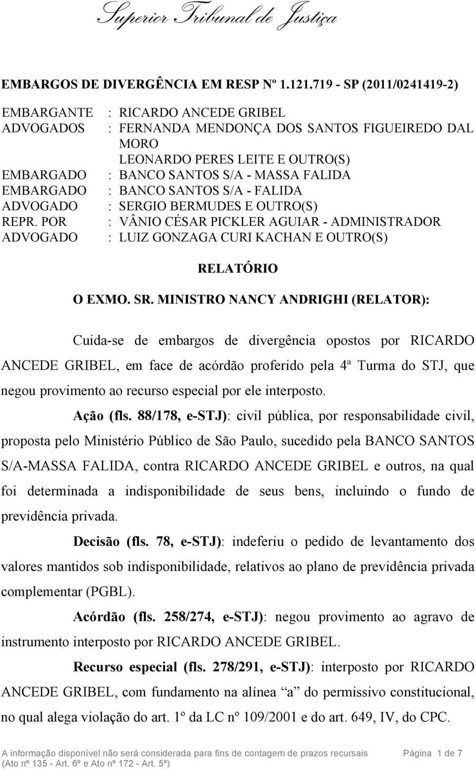 OUTRO(S) : VÂNIO CÉSAR PICKLER AGUIAR - ADMINISTRADOR : LUIZ GONZAGA CURI KACHAN E OUTRO(S) RELATÓRIO O EXMO. SR.