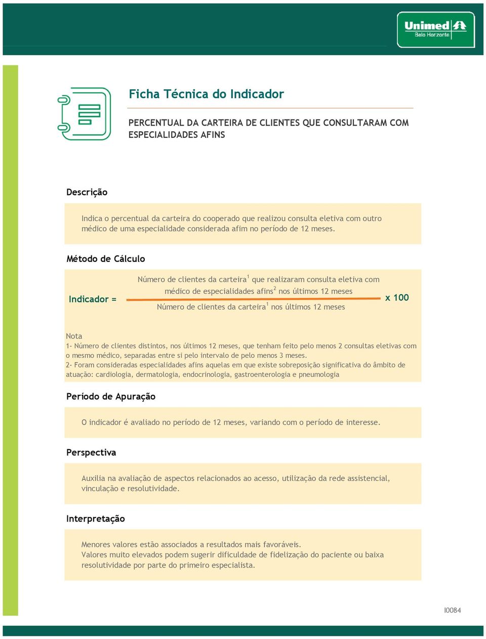 Número de clientes da carteira 1 que realizaram consulta eletiva com médico de especialidades afins 2 nos últimos 12 meses x 100 Número de clientes da carteira 1 nos últimos 12 meses 1- Número de