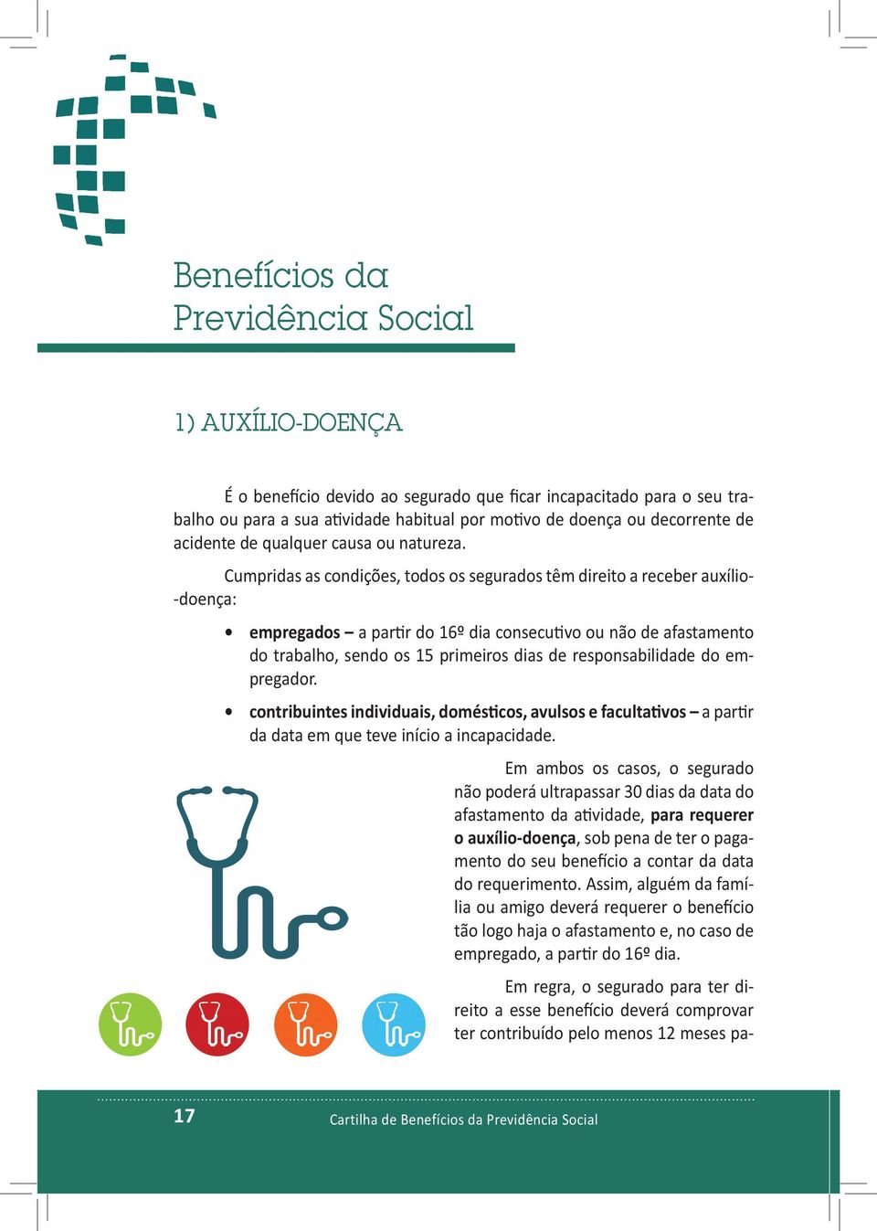 Cumpridas as condições, todos os segurados têm direito a receber auxílio- -doença: empregados a partir do 16º dia consecutivo ou não de afastamento do trabalho, sendo os 15 primeiros dias de