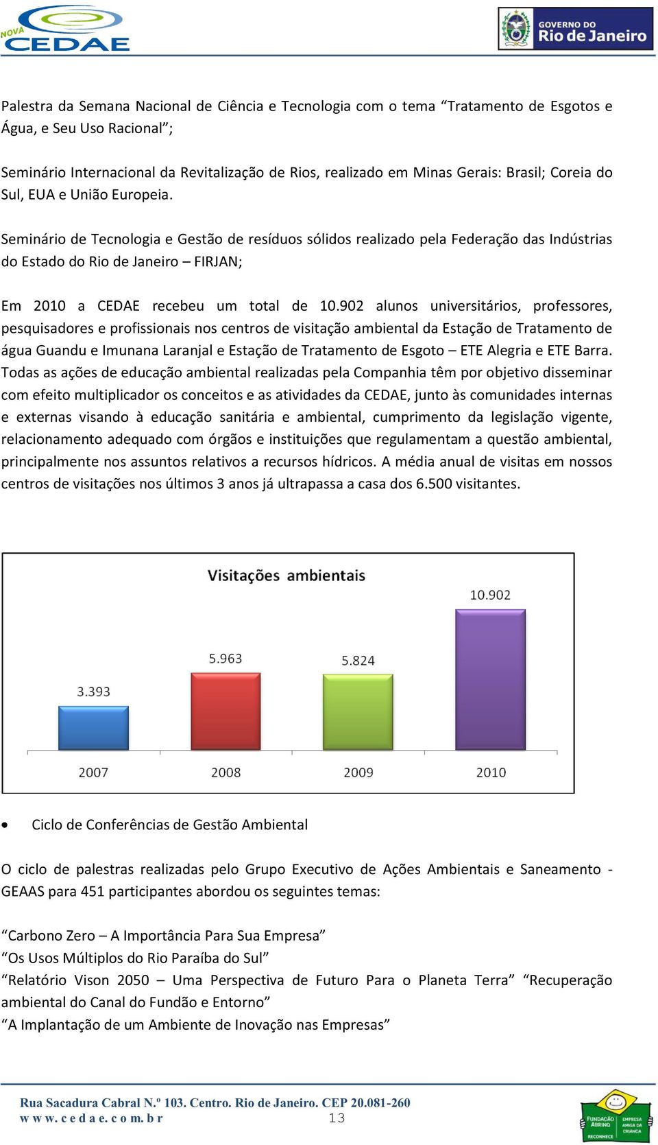 Seminário de Tecnologia e Gestão de resíduos sólidos realizado pela Federação das Indústrias do Estado do Rio de Janeiro FIRJAN; Em 2010 a CEDAE recebeu um total de 10.